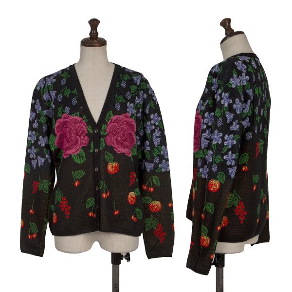 【中古】 ケンゾーKENZO フローラルフルーツジャガードニットカーディガン 黒他M【レディース】｜PLAYFUL