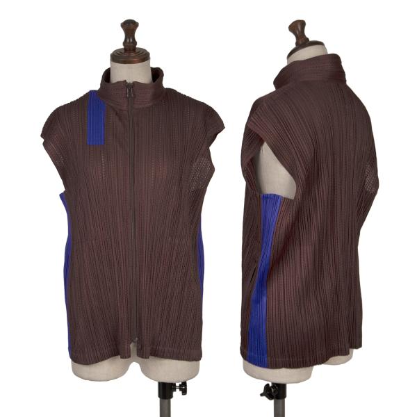 【中古】 プリーツプリーズPLEATS PLEASE ドットメッシュプリーツ切替フロントジップベスト 焦げ茶青5【レディース】|PLAYFUL