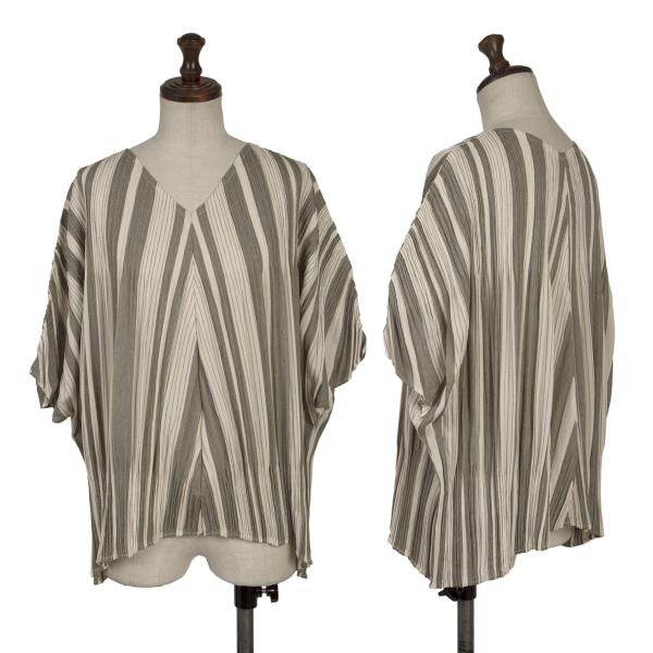 【中古】 プリーツプリーズPLEATS PLEASE 消しプリーツVネックストライプトップス ライトベージュカーキ3【レディース】｜PLAYFUL