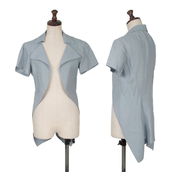 【中古】 ヨウジヤマモトYohji Yamamoto collections リネン半袖ボタンレスシャツジャケット 青み薄墨色1【レディース】