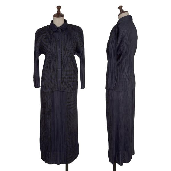 【中古】 筋目プリーズPLEATS PLEASE グラフィックテープデザインセットアップ 紺4 3【レディース】