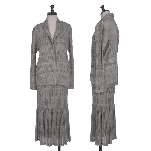 【中古】 筋目プリーズPLEATS PLEASE 幾何学学メッシュ消し筋目セットアップ 薄墨色ベージュ3【レディース】