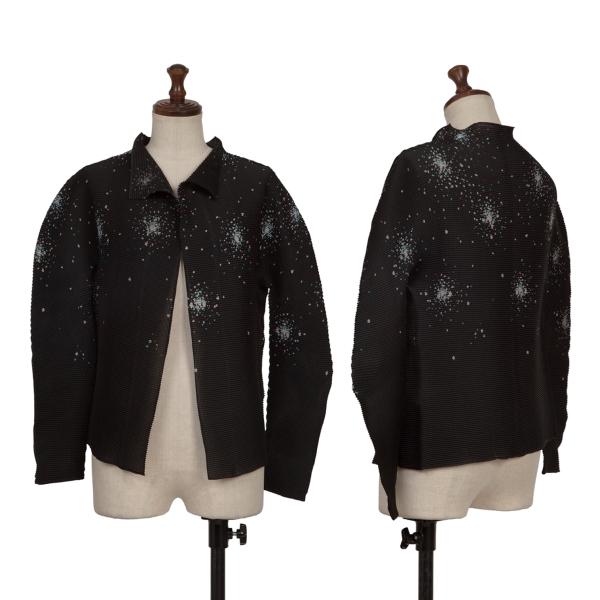 【中古】 イッセイミヤケ ミーISSEY MIYAKE me スプラッシュプリントストレッチプリーツカーディガン 黒他F【レディース】|PLAYFUL