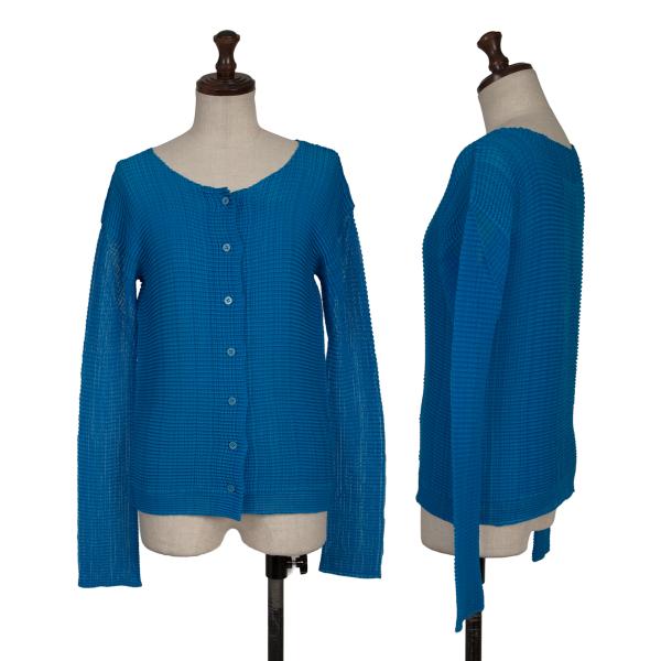 【中古】 イッセイミヤケISSEY MIYAKE ストレッチプリーツメッシュ切替デザインカーディガン 青2【レディース】｜PLAYFUL
