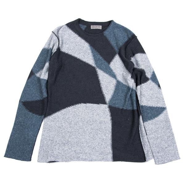 【中古】 ヨウジヤマモト プールオムYohji Yamamoto POUR HOMME 幾何学学ジャガードインサイドアウトニットセーター 紺水色他3【メンズ】