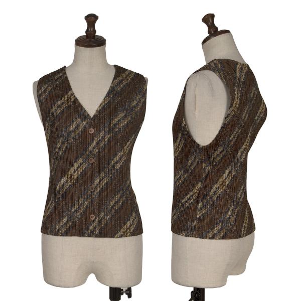 【中古】 プリーツプリーズPLEATS PLEASE 総柄プリントベスト 茶マルチ3【レディース】｜PLAYFUL 37,413円