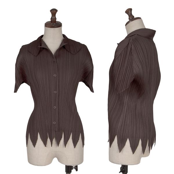 【中古】 プリーツプリーズPLEATS PLEASE カッティングヘムデザイン半袖シャツ 焦げ茶4【レディース】｜PLAYFUL