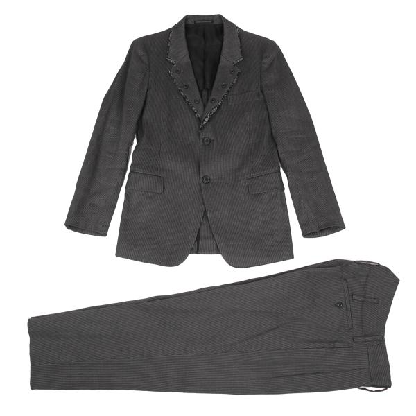 【中古】 ヨウジヤマモト プールオムYohji Yamamoto POUR HOMME リネン混縞模様セットアップ 薄墨色1 2【メンズ】