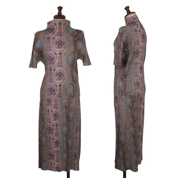 【中古】 筋目プリーズPLEATS PLEASE ペイズリープリントプリーツセットアップ ベージュマルチ3 2【レディース】