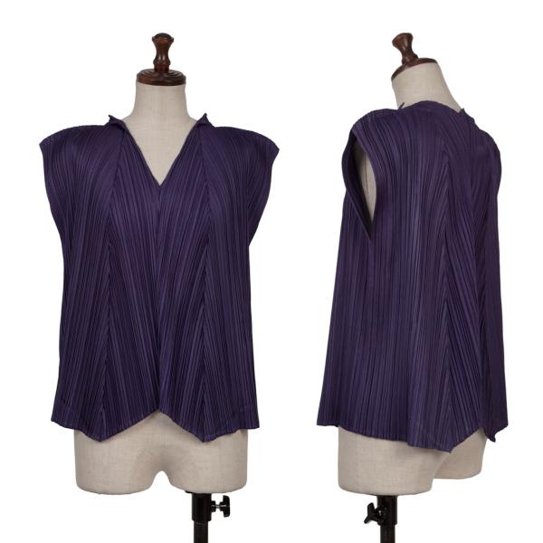 【中古】 筋目プリーズPLEATS PLEASE うつり変わり絵図面Vネックプリーツノースリーブ 紫3【レディース】 レディースファッション-トップス