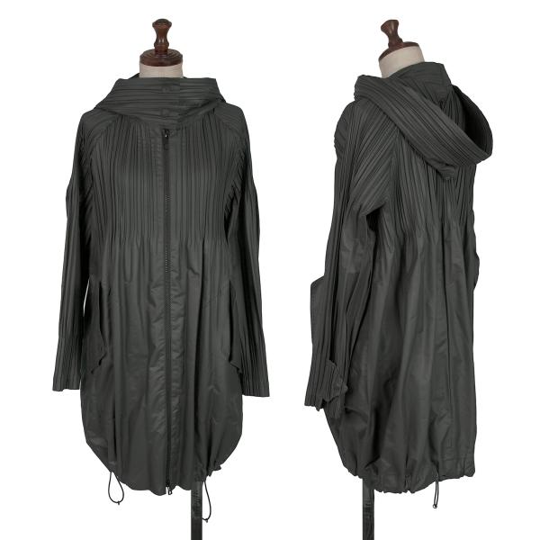 【中古】 プリーツプリーズPLEATS PLEASE ポリ消しプリーツフーデッドショートコート チャコール2【レディース】｜PLAYFUL