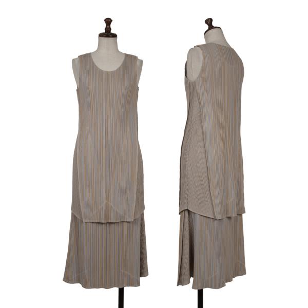 【中古】 筋目プリーズPLEATS PLEASE ストライプジャガードうつり変わり筋目セットアップ 薄墨色黄3/1【レディース】