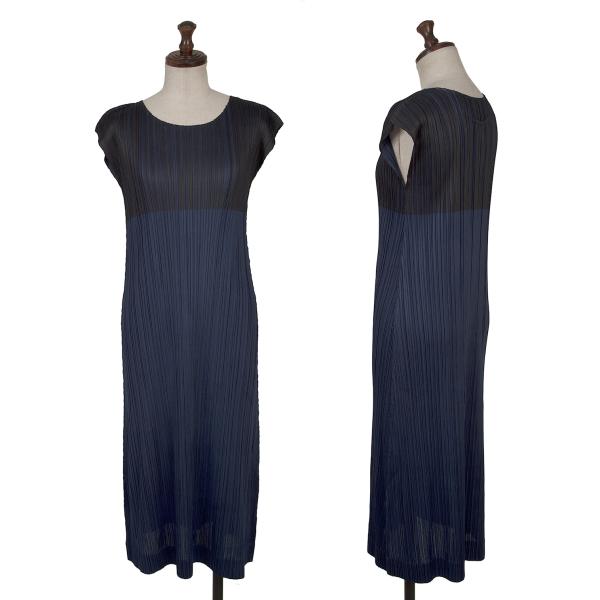 【中古】 プリーツプリーズPLEATS PLEASE バイカラープリーツノースリーブフレアワンピース 紺黒2【レディース】|PLAYFUL