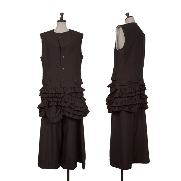 【中古】 コムデ給仕COMME des GARCONS 羊毛裾フリルノースリーブプルオーバージャケットセットアップ 焦げ茶M【レディース】