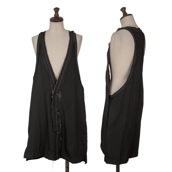 【中古】 ビーヨウジヤマモトB Yohji Yamamoto ウールギャバホワイトステッチほつれデザインロングベスト 黒1【レディース】｜PLAYFUL