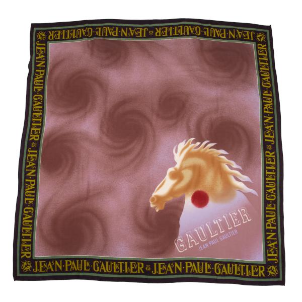 【中古】 ジャンポールゴルチエJean Paul GAULTIER ホースプリントロゴフレーム大判えり巻き サクラ色茶他【レディース】 レディースマフラー・ストール-マフラー・スカーフ-バッグ・小物・ブランド雑貨