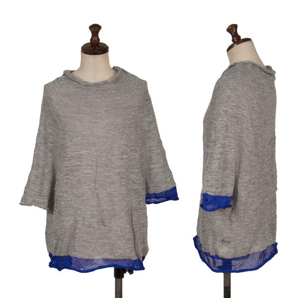 【中古】 ワイズY\u0027s リネンポリバイカラー半袖編み物 薄墨色青2【レディース】 ニット・セーター-レディースファッション