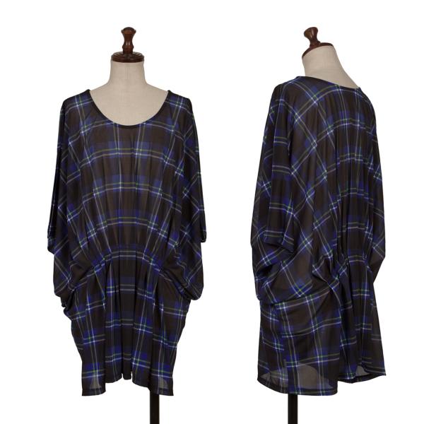 【中古】 イッセイミヤケISSEY MIYAKE ポリウエストタックチェックワイドブラウス 青紺他2【レディース】｜PLAYFUL