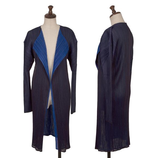 【中古】 筋目プリーズPLEATS PLEASE メッシュバイカラーレイヤードボタンレスコート 紺青4【レディース】