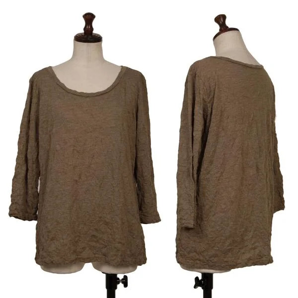 【中古】 イッセイミヤケミーISSEY MIYAKE me シワ筋目七分袖カットソー モカF【レディース】