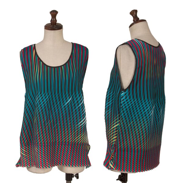 【中古】 イッセイミヤケISSEY MIYAKE ストライププリントプリーツノースリーブ 緑黒他2【レディース】｜PLAYFUL