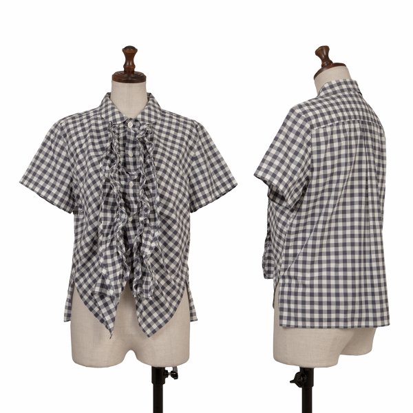 【中古】 トリココムデギャルソンtricot COMME des GARCONS フリルデザインギンガムチェック半袖シャツブラウス 紺白M【レディース】