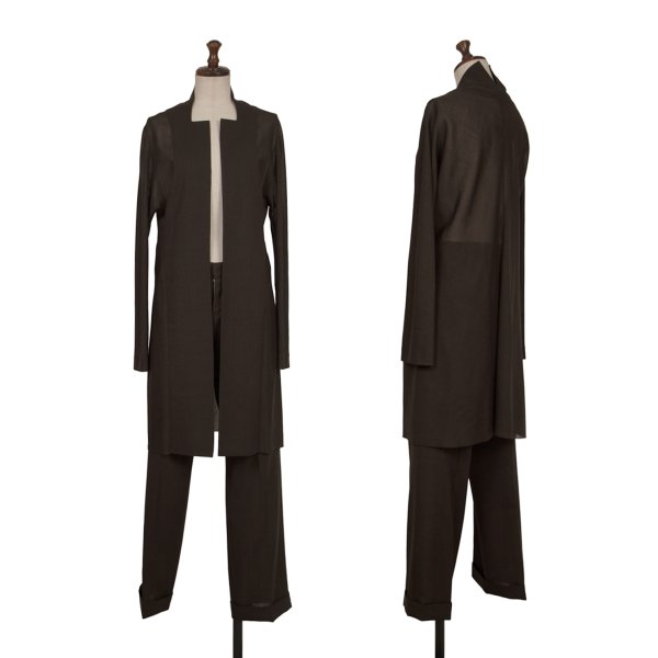 【中古】 ヨウジヤマモト ファムYohji Yamamoto FEMME ウールノーカラーシースルーロングセットアップ 焦げ茶1【レディース】