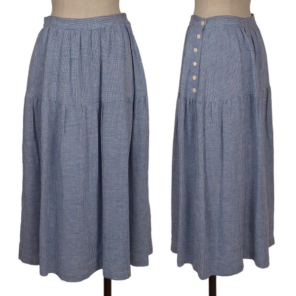 【中古】 マドモアゼルノンノンMademoiselle NON NON リネングレンチェックギャザー切替スカート 青白38M【レディース】｜PLAYFUL