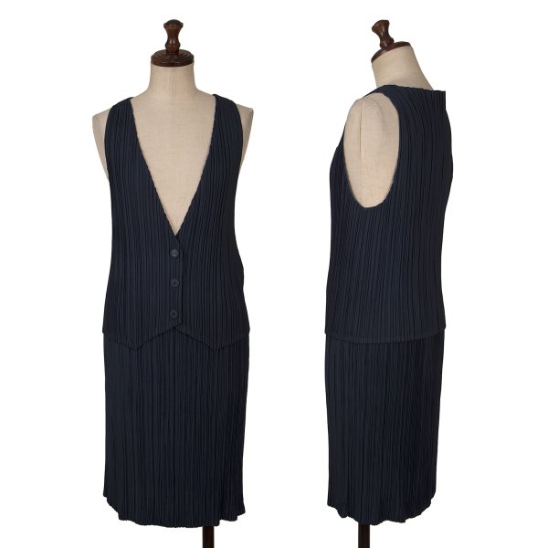 【中古】 イッセイミヤケISSEY MIYAKE 24 プリーツジレセットアップ  紺F【レディース】