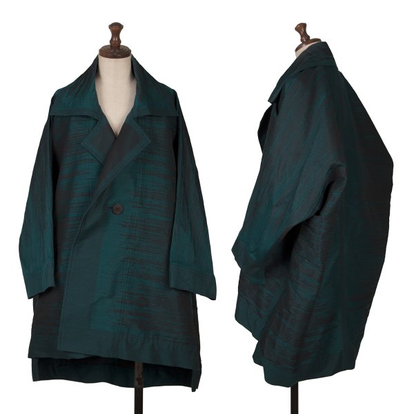 【中古】 イッセイミヤケISSEY MIYAKE コットン混紡ジャガードドルマンジャケット ターコイズ黒2【レディース】｜PLAYFUL