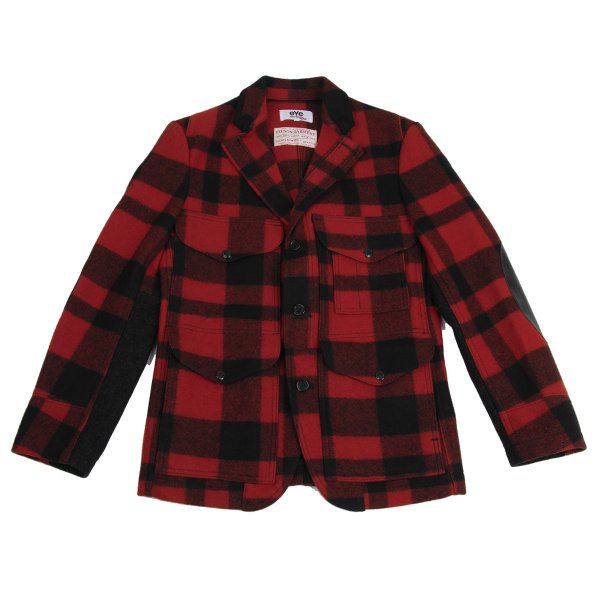 【中古】 アイ ジュンヤワタナベ マン コムデギャルソンeYe JUNYA WATANABE MAN COMME des GARCONS ギンガムチェックレザーエルボーパッチジャケット 赤黒S【メンズ】｜PLAYFUL