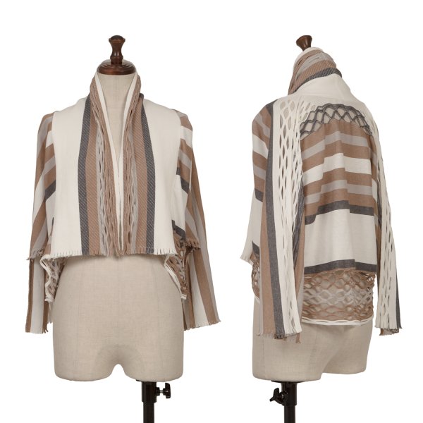 【中古】 イッセイミヤケISSEY MIYAKE A-POC INSIDE メッシュカッティングボーダードルマンカーディガン うす茶色他2【レディース】