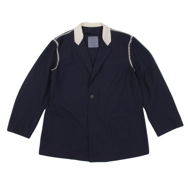 【中古】 ヨウジヤマモト プールオムYohji Yamamoto POUR HOMME かぎ編みうつり変わりウールギャバジャケット 紺白M【メンズ】