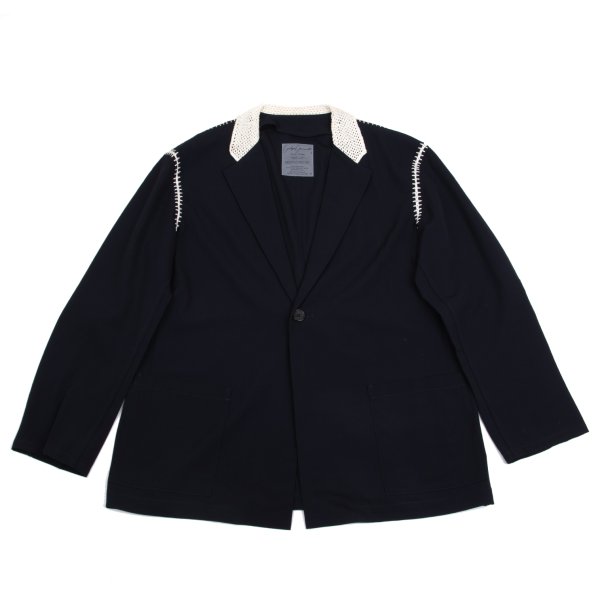 【中古】 ヨウジヤマモト プールオムYohji Yamamoto POUR HOMME かぎ編みスピード競技うつり変わりウールギャバジャケット 紺白M【メンズ】