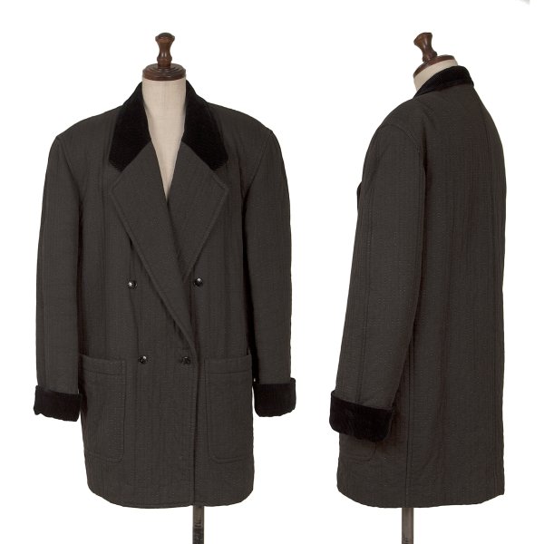 【中古】 ケンゾーKENZO 絨毛混襟切替刺し子ダブル上衣 暗灰色M【レディース】 コート・ジャケット-レディースファッション