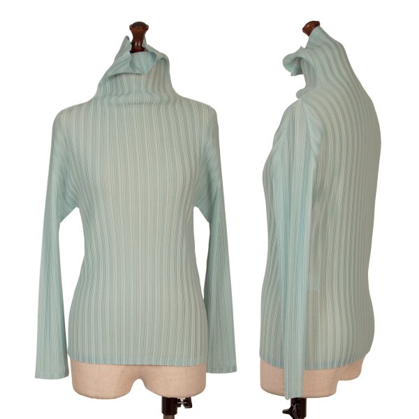 【中古】 プリーツプリーズPLEATS PLEASE リブプリーツタートルネックカットソー ターコイズ3【レディース】｜PLAYFUL