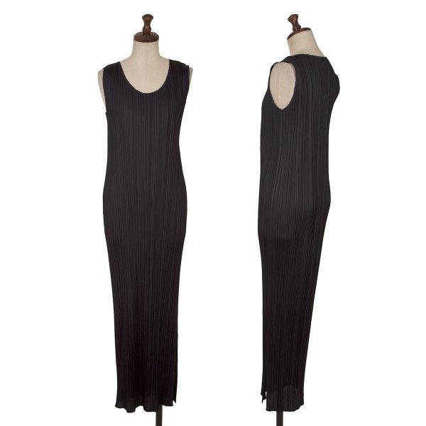 【美品】 プリーツプリーズ 光沢生地 マキシ丈ノースリーブワンピース 黒 4 美品】 プリーツプリーズ 光沢生地 マキシ丈ノースリーブ