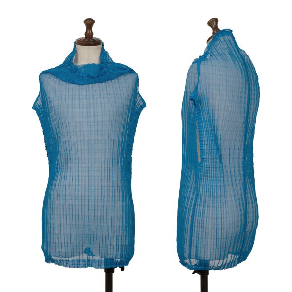 【中古】 イッセイミヤケ ミーISSEY MIYAKE me ストレッチプリーツハイネックノースリーブトップス 青F【レディース】｜PLAYFUL