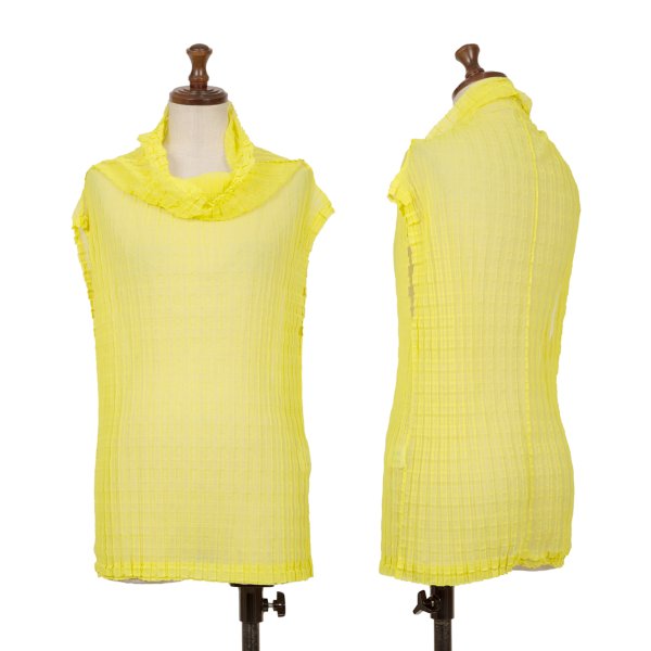 【中古】 イッセイミヤケ ミーISSEY MIYAKE me ストレッチプリーツハイネックノースリーブトップス 黄F【レディース】 トップス-タンクトップ