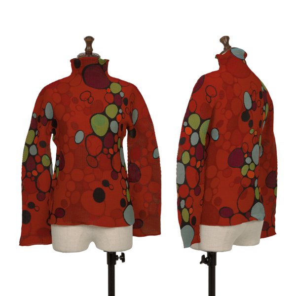 【中古】 イッセイミヤケ ミーISSEY MIYAKE me 総柄プリントストレッチプリーツハイネックカットソー 赤他F【レディース】｜PLAYFUL