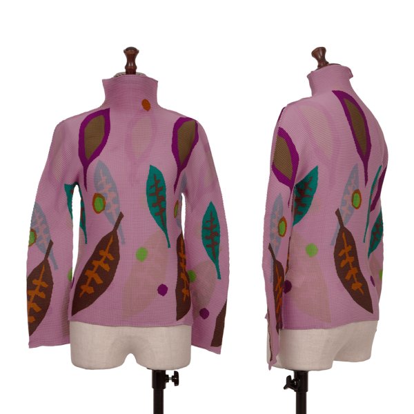 【中古】 イッセイミヤケ ミーISSEY MIYAKE me リーフプリントストレッチプリーツハイネックカットソー 紫他F【レディース】|PLAYFUL