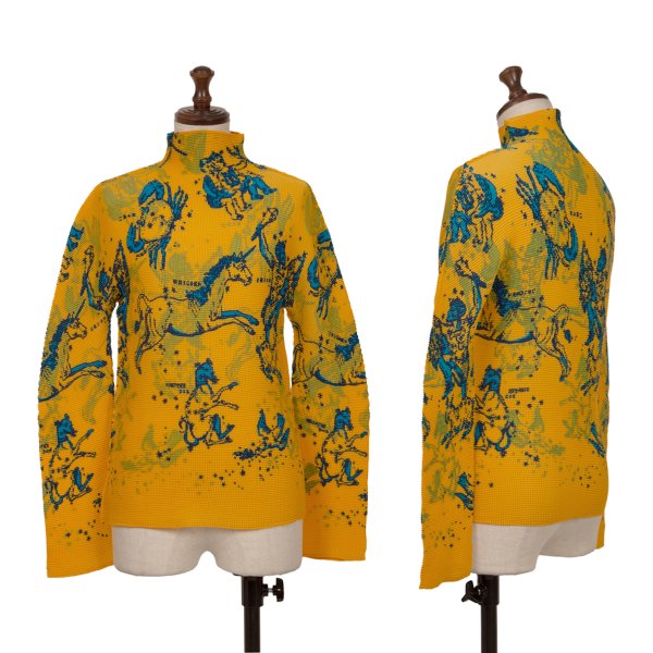 【中古】 イッセイミヤケ ミーISSEY MIYAKE me 星座プリントストレッチプリーツハイネックカットソー 黄青F【レディース】|PLAYFUL