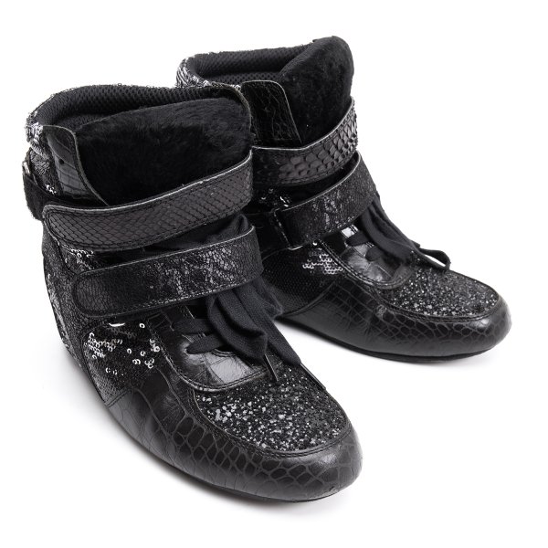 【中古】 ジュンヤワタナベ コムデギャルソンJUNYA WATANABE COMME des GARCONS レザー切替スパンコール装飾ベルクロシューズ 黒S(22位)【レディース】｜PLAYFUL