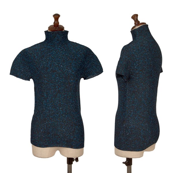 【中古】 イッセイミヤケ ミーISSEY MIYAKE me マーブルプリントストレッチプリーツハイネックプルオーバー 青黒F【レディース】