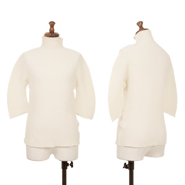 【中古】 イッセイミヤケ ミーISSEY MIYAKE me ストレッチプリーツハイネック五分袖カットソー 生成りF【レディース】|PLAYFUL
