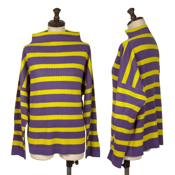 【中古】 イッセイミヤケミーISSEY MIYAKE me バイカラーファインニットプリーツボーダーハイネックカットソー 紫黄F【レディース】