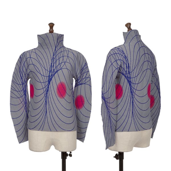 【中古】 イッセイミヤケミーISSEY MIYAKE me ストレッチプリーツライングラフィックプリントカットソー グレー青F【レディース】|PLAYFUL