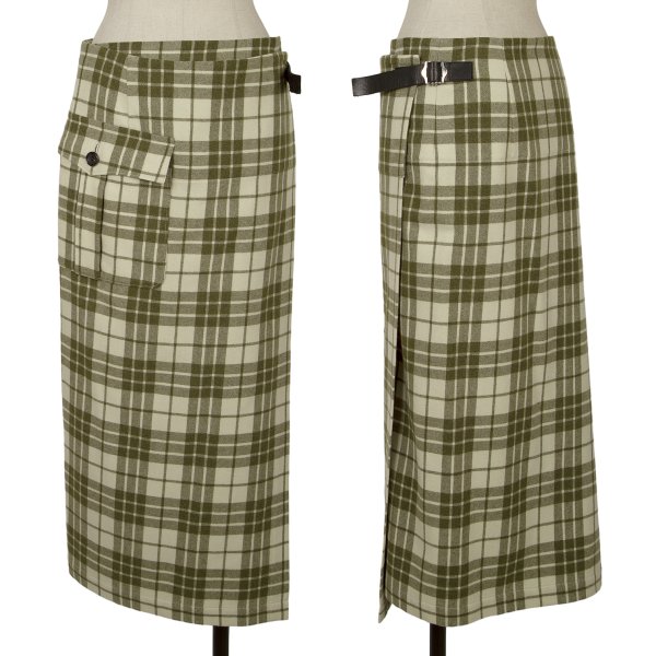 【中古】 トリココムデギャルソンtricot COMME des GARCONS レザーベルトウールチェックラップスカート 抹茶M位【レディース】