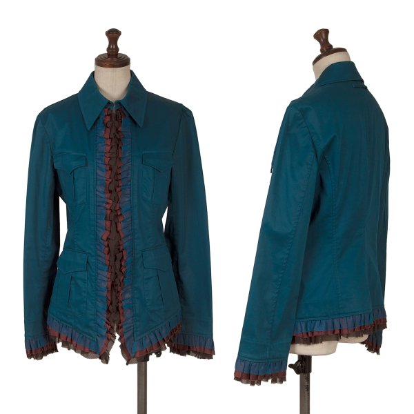 【中古】 ジャンポールゴルチエJean Paul GAULTIER フリルトリムコットンストレッチジップアップジャケット うす暗い青み40【レディース】