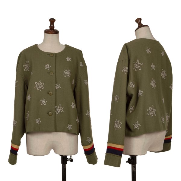 【中古】 イッセイミヤケISSEY MIYAKE I.S. ウールエンブロイダリーノーカラージャケット カーキM【レディース】|PLAYFUL